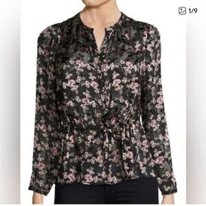 Rebecca Taylor Black Sheer shirt with  Pink Flowers, Tie Waist, size 6